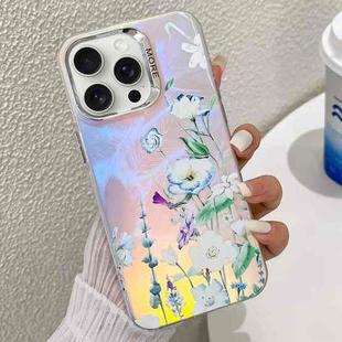 For iPhone 16 Pro Max Electroplating Laser Flower Texture TPU Phone Case(Blue Flower AH8)