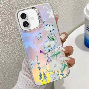 For iPhone 16 Plus Electroplating Laser Flower Texture TPU Phone Case(Blue Flower AH8)