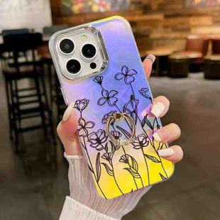 For iPhone 15 Pro Max Electroplating Laser Flower Ring Holder TPU Phone Case(Drawn Flowers AH3)