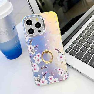 For iPhone 15 Pro Max Electroplating Laser Flower Ring Holder TPU Phone Case(Plum Blossom AH18)