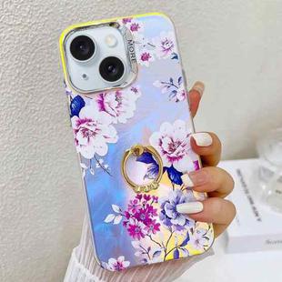 For iPhone 15 Electroplating Laser Flower Ring Holder TPU Phone Case(Peony AH11)
