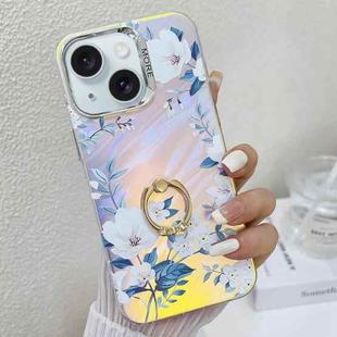 For iPhone 15 Electroplating Laser Flower Ring Holder TPU Phone Case(White Flower AH10)