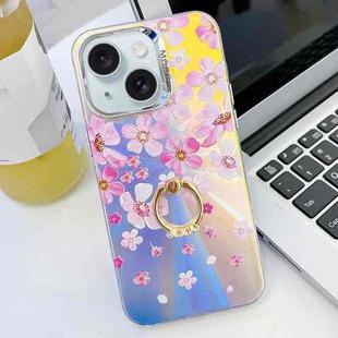 For iPhone 15 Electroplating Laser Flower Ring Holder TPU Phone Case(Pink Flower AH13)