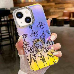 For iPhone 14 Electroplating Laser Flower Ring Holder TPU Phone Case(Drawn Flowers AH3)