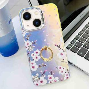 For iPhone 14 Electroplating Laser Flower Ring Holder TPU Phone Case(Plum Blossom AH18)