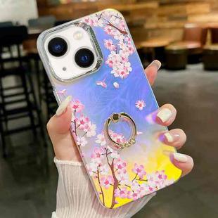 For iPhone 13 Electroplating Laser Flower Ring Holder TPU Phone Case(Peach Blossom AH4)