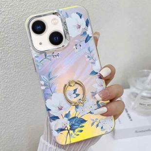 For iPhone 13 Electroplating Laser Flower Ring Holder TPU Phone Case(White Flower AH10)