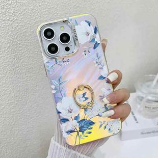 For iPhone 16 Pro Max Electroplating Laser Flower Ring Holder TPU Phone Case(White Flower AH10)