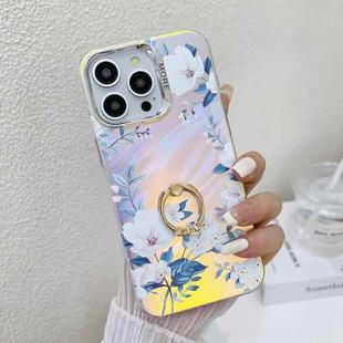 For iPhone 16 Pro Electroplating Laser Flower Ring Holder TPU Phone Case(White Flower AH10)