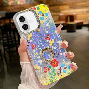 For iPhone 16 Plus Electroplating Laser Flower Ring Holder TPU Phone Case(Flower AH6)