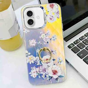 For iPhone 16 Plus Electroplating Laser Flower Ring Holder TPU Phone Case(Rose AH15)