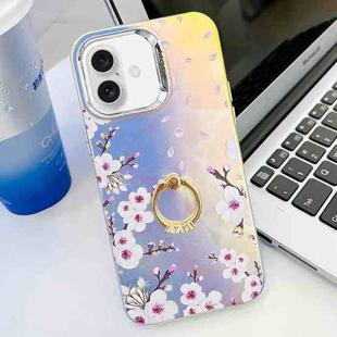 For iPhone 16 Plus Electroplating Laser Flower Ring Holder TPU Phone Case(Plum Blossom AH18)