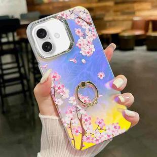 For iPhone 16 Electroplating Laser Flower Ring Holder TPU Phone Case(Peach Blossom AH4)