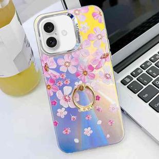 For iPhone 16 Electroplating Laser Flower Ring Holder TPU Phone Case(Pink Flower AH13)