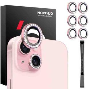 For iPhone 15 / 15 Plus / 14 / 14 Plus NORTHJO 3 Set 6Pcs Camera Lens Protector Diamond Metal Ring Film(Pink)