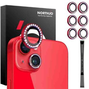 For iPhone 15 / 15 Plus / 14 / 14 Plus NORTHJO 3 Set 6Pcs Camera Lens Protector Diamond Metal Ring Film(Red)