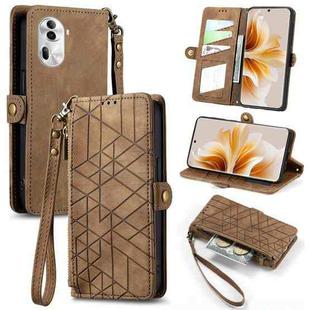 For OPPO Reno11 5G Global Geometric Zipper Wallet Side Buckle Leather Phone Case(Brown)