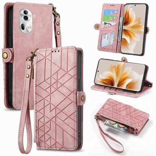 For OPPO Reno11 5G Global Geometric Zipper Wallet Side Buckle Leather Phone Case(Pink)