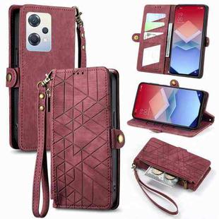 For OPPO K10X Geometric Zipper Wallet Side Buckle Leather Phone Case(Red)