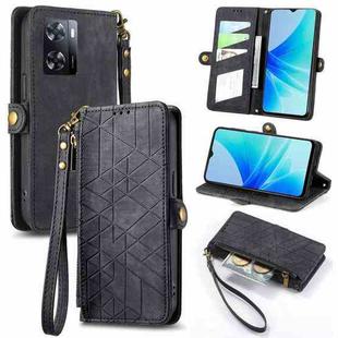 For OPPO A57 4G Geometric Zipper Wallet Side Buckle Leather Phone Case(Black)