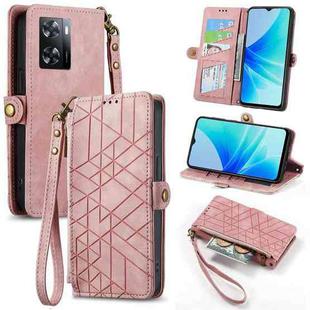 For OPPO A57 4G Geometric Zipper Wallet Side Buckle Leather Phone Case(Pink)