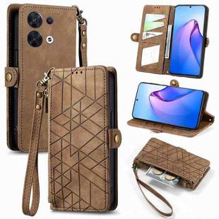 For OPPO Reno8 5G Geometric Zipper Wallet Side Buckle Leather Phone Case(Brown)