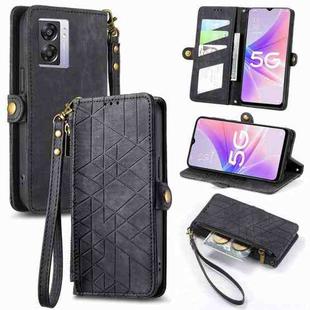 For OPPO A57 5G Geometric Zipper Wallet Side Buckle Leather Phone Case(Black)