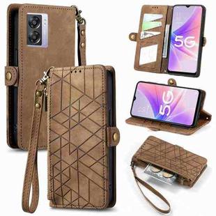 For OPPO A57 5G Geometric Zipper Wallet Side Buckle Leather Phone Case(Brown)