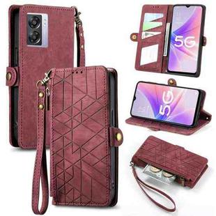 For OPPO A57 5G Geometric Zipper Wallet Side Buckle Leather Phone Case(Red)