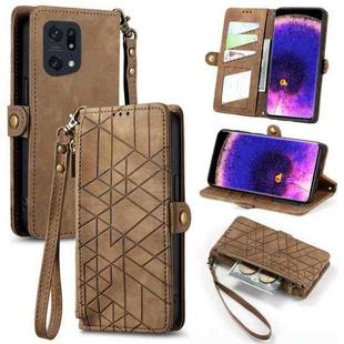 For OPPO Find X5 Pro Geometric Zipper Wallet Side Buckle Leather Phone Case(Brown)