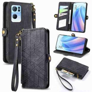 For OPPO Reno7 Pro 5G Geometric Zipper Wallet Side Buckle Leather Phone Case(Black)