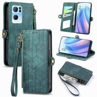 For OPPO Reno7 Pro 5G Geometric Zipper Wallet Side Buckle Leather Phone Case(Green)