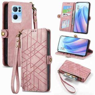 For OPPO Reno7 Pro 5G Geometric Zipper Wallet Side Buckle Leather Phone Case(Pink)