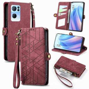For OPPO Reno7 Pro 5G Geometric Zipper Wallet Side Buckle Leather Phone Case(Red)