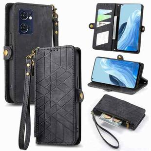 For OPPO Reno7 5G Geometric Zipper Wallet Side Buckle Leather Phone Case(Black)