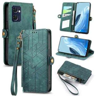 For OPPO Reno7 5G Geometric Zipper Wallet Side Buckle Leather Phone Case(Green)