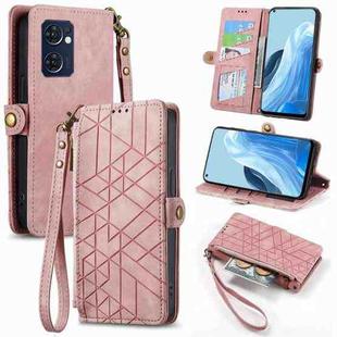 For OPPO Reno7 5G Geometric Zipper Wallet Side Buckle Leather Phone Case(Pink)
