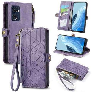 For OPPO Reno7 5G Geometric Zipper Wallet Side Buckle Leather Phone Case(Purple)