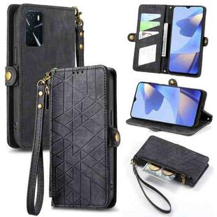 For OPPO A16 Geometric Zipper Wallet Side Buckle Leather Phone Case(Black)
