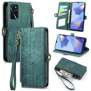 For OPPO A16 Geometric Zipper Wallet Side Buckle Leather Phone Case(Green)