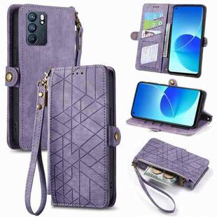 For OPPO Reno6 5G Geometric Zipper Wallet Side Buckle Leather Phone Case(Purple)