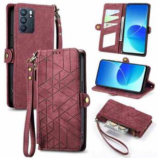 For OPPO Reno6 5G Geometric Zipper Wallet Side Buckle Leather Phone Case(Red)
