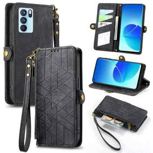 For OPPO Reno6 Pro 5G Geometric Zipper Wallet Side Buckle Leather Phone Case(Black)