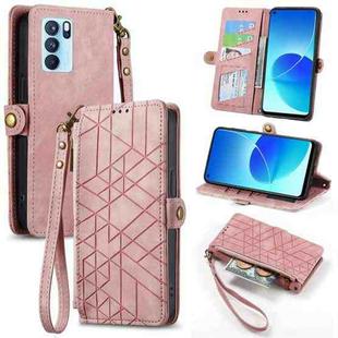 For OPPO Reno6 Pro 5G Geometric Zipper Wallet Side Buckle Leather Phone Case(Pink)