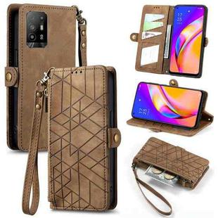 For OPPO F19 Pro+ Geometric Zipper Wallet Side Buckle Leather Phone Case(Brown)