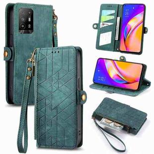 For OPPO F19 Pro+ Geometric Zipper Wallet Side Buckle Leather Phone Case(Green)