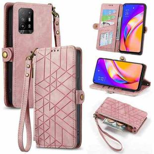 For OPPO F19 Pro+ Geometric Zipper Wallet Side Buckle Leather Phone Case(Pink)