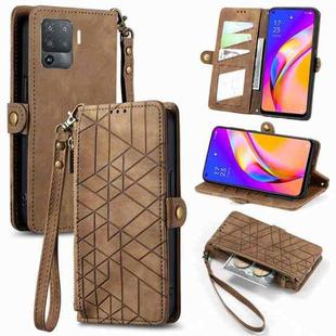 For OPPO F19 Pro Geometric Zipper Wallet Side Buckle Leather Phone Case(Brown)