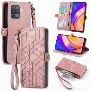 For OPPO F19 Pro Geometric Zipper Wallet Side Buckle Leather Phone Case(Pink)