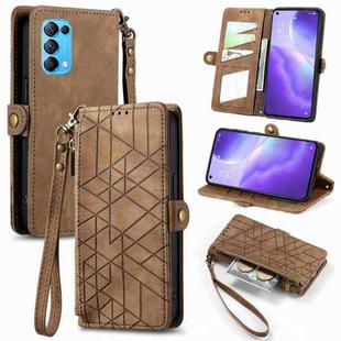 For OPPO Reno5 5G Geometric Zipper Wallet Side Buckle Leather Phone Case(Brown)